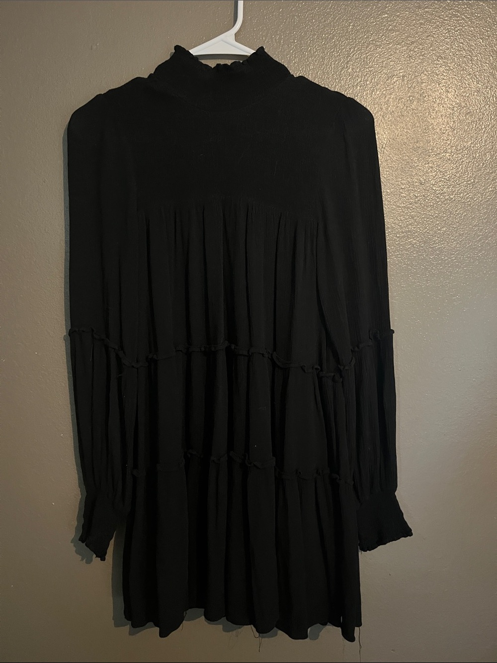 Olivaceous Black Long Sleeve Tiered Mini Dress